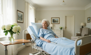 woman in hospital bed at home, using home health equipment
