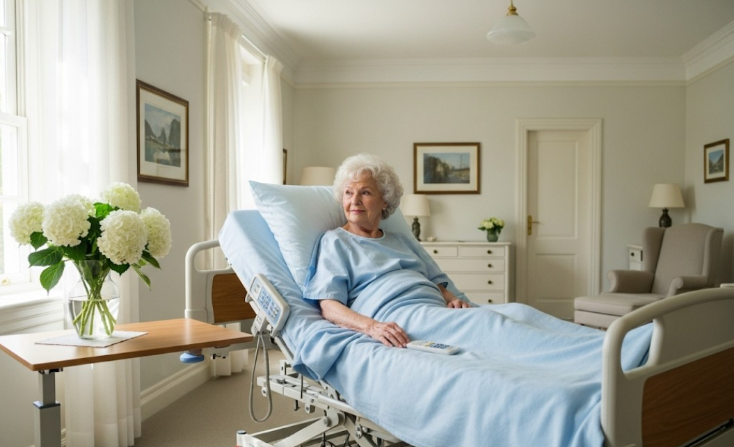 woman in hospital bed at home, using home health equipment