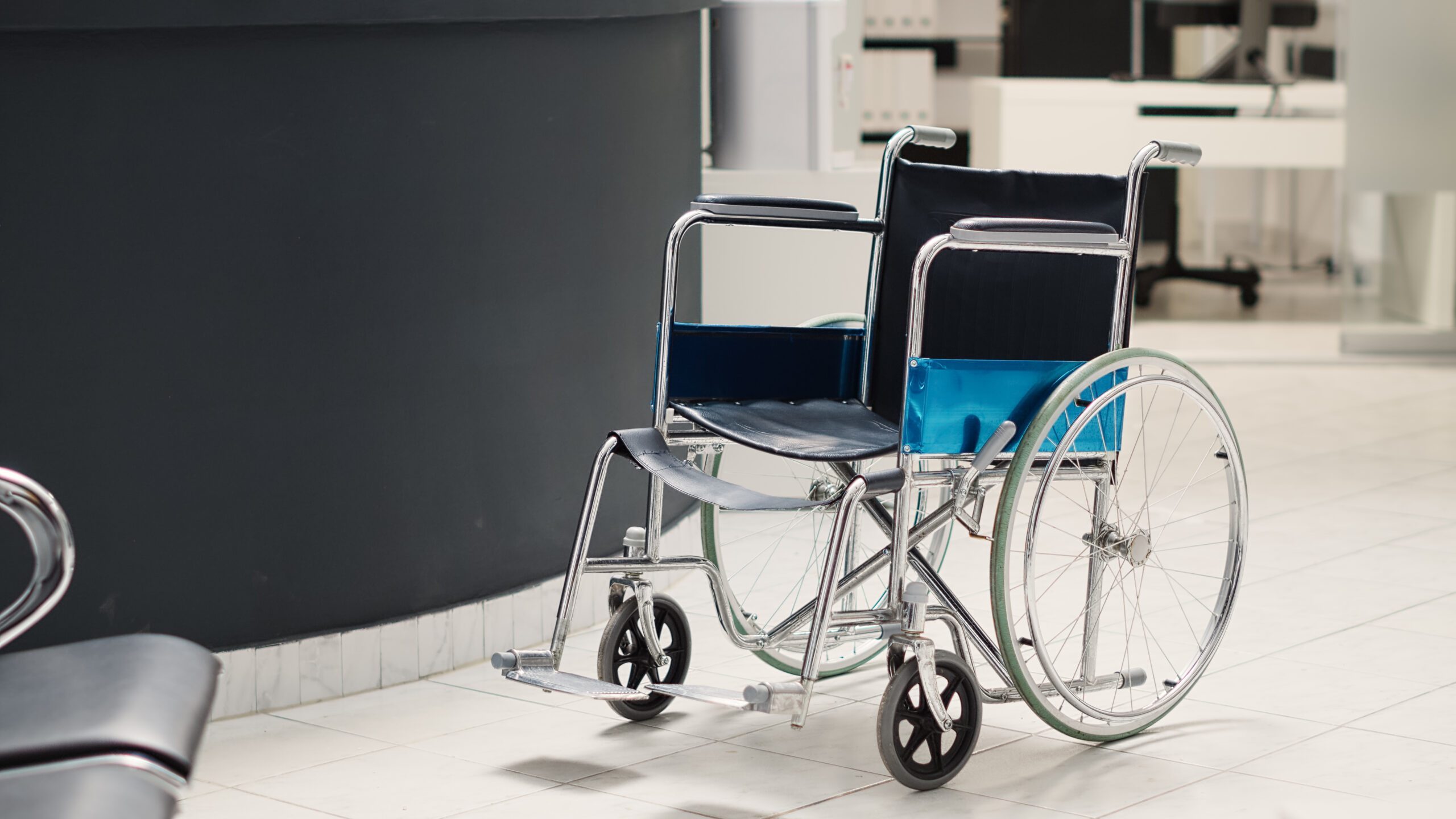 Wheelchair placed in hospital lobby area
