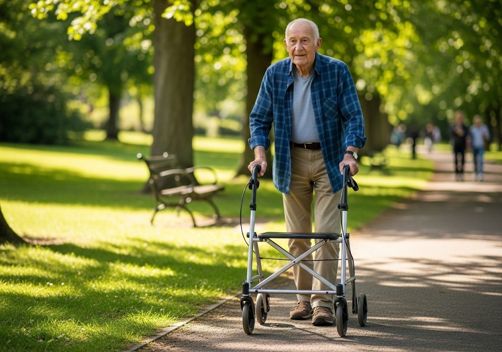 Elderly man using a walker in a park