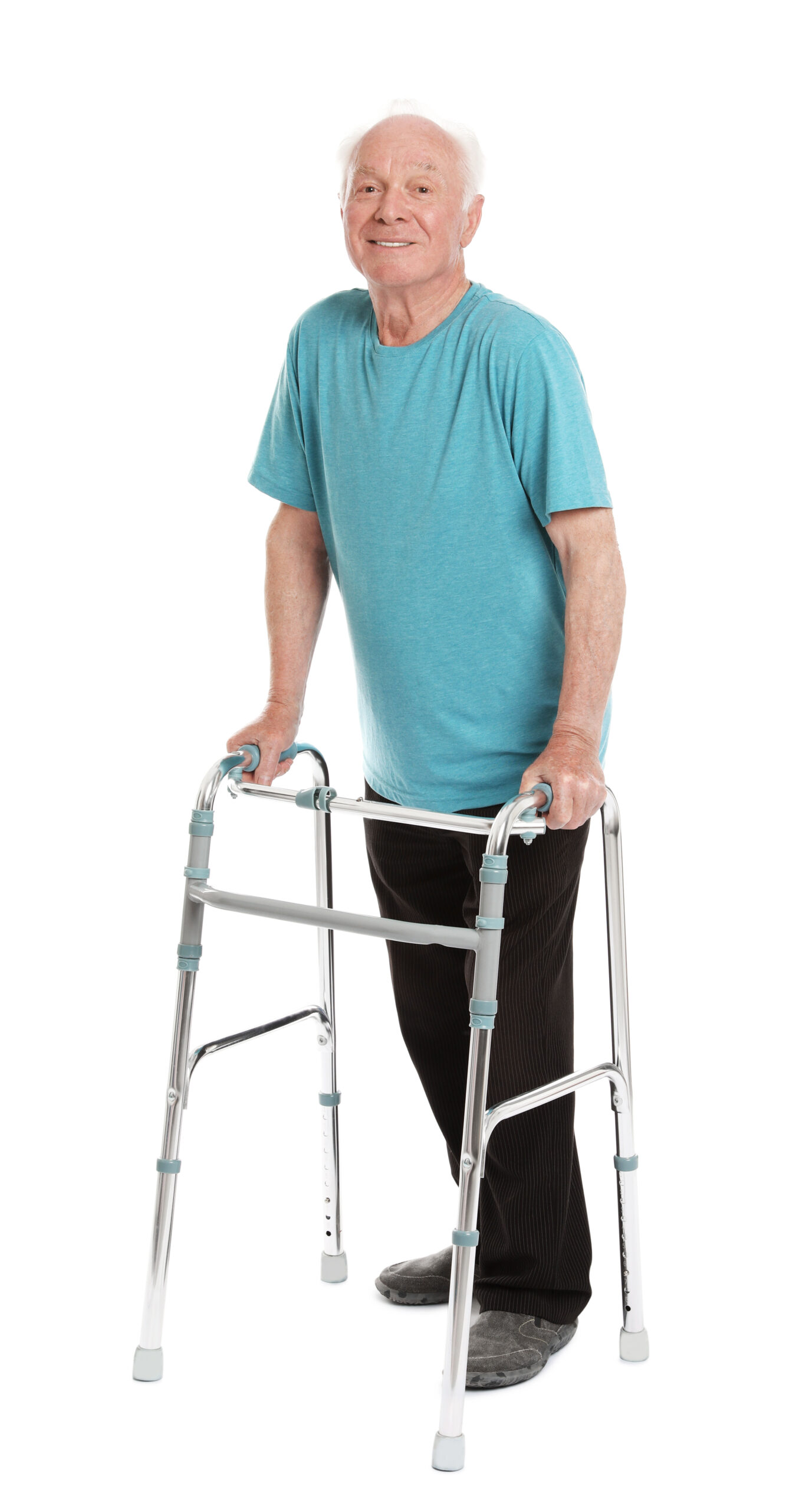Full length portrait of elderly man using walking frame or walker isolated on white