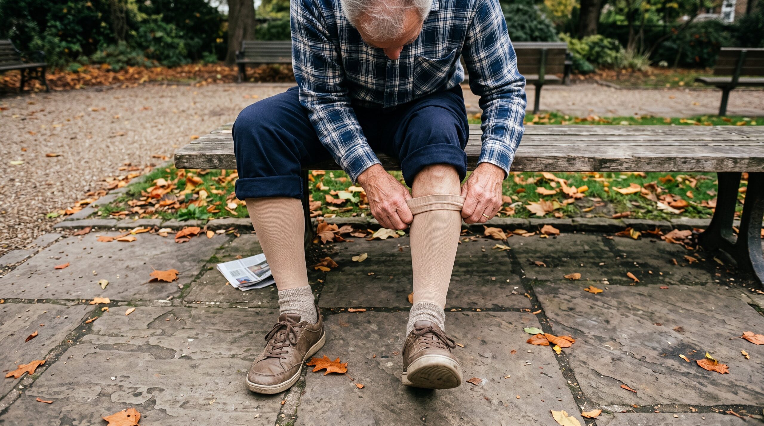 man pulling up compression legwear