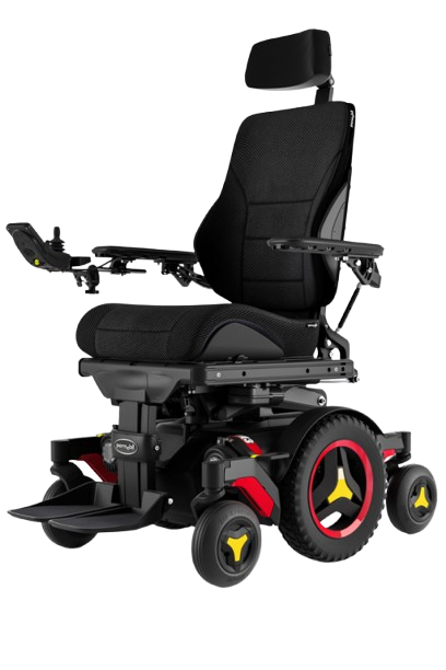 A modern black Permobil power wheelchair with custom headrest and joystick controls