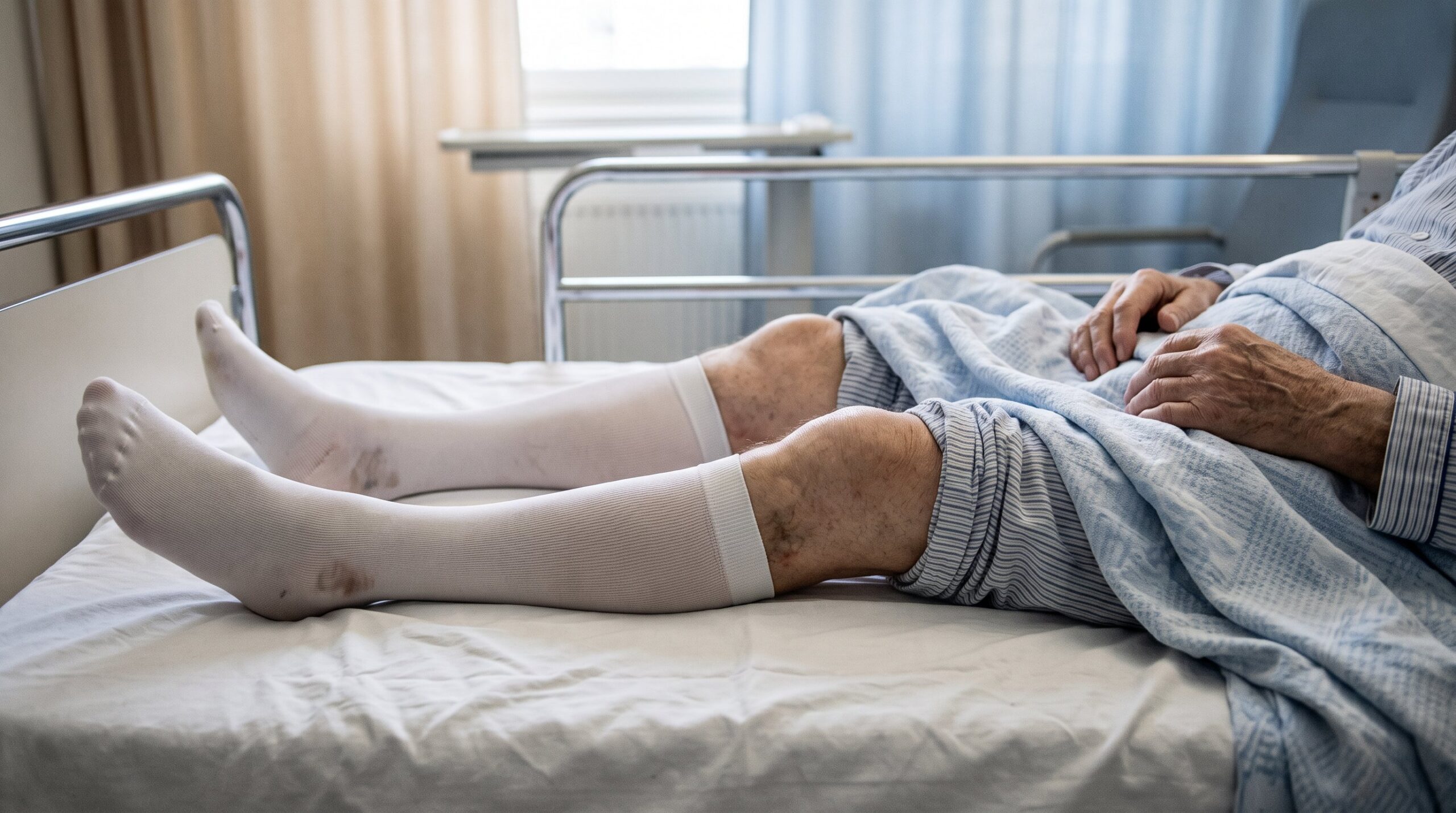 person using compression legwear while in a hospital bed