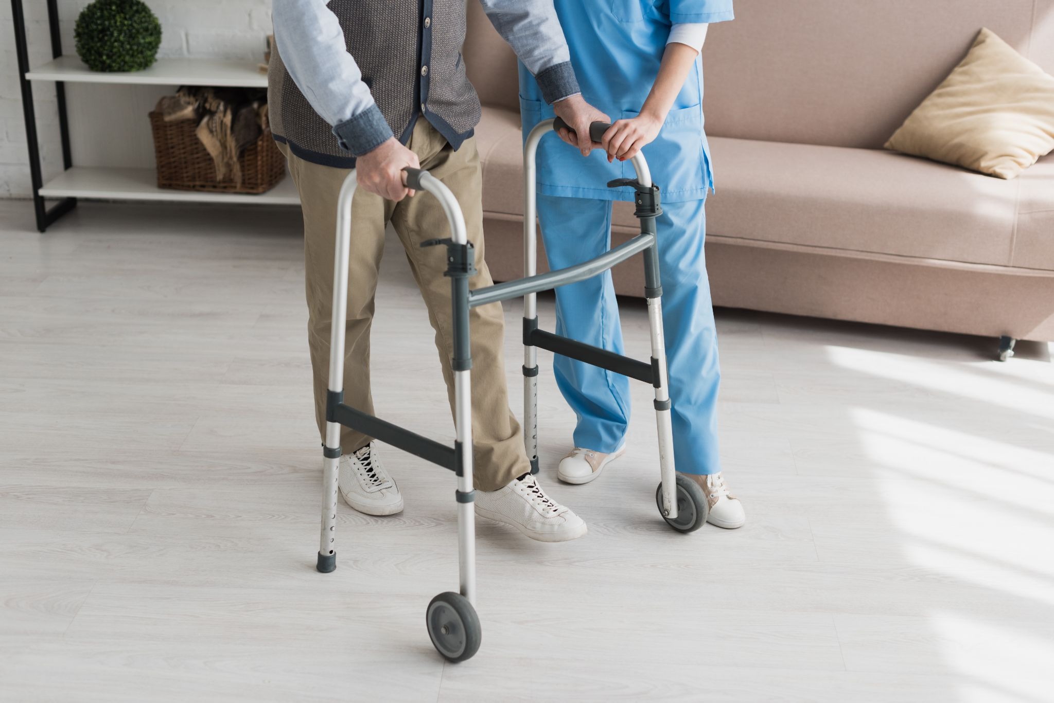 Senior using a walker at home for everyday mobility and independence